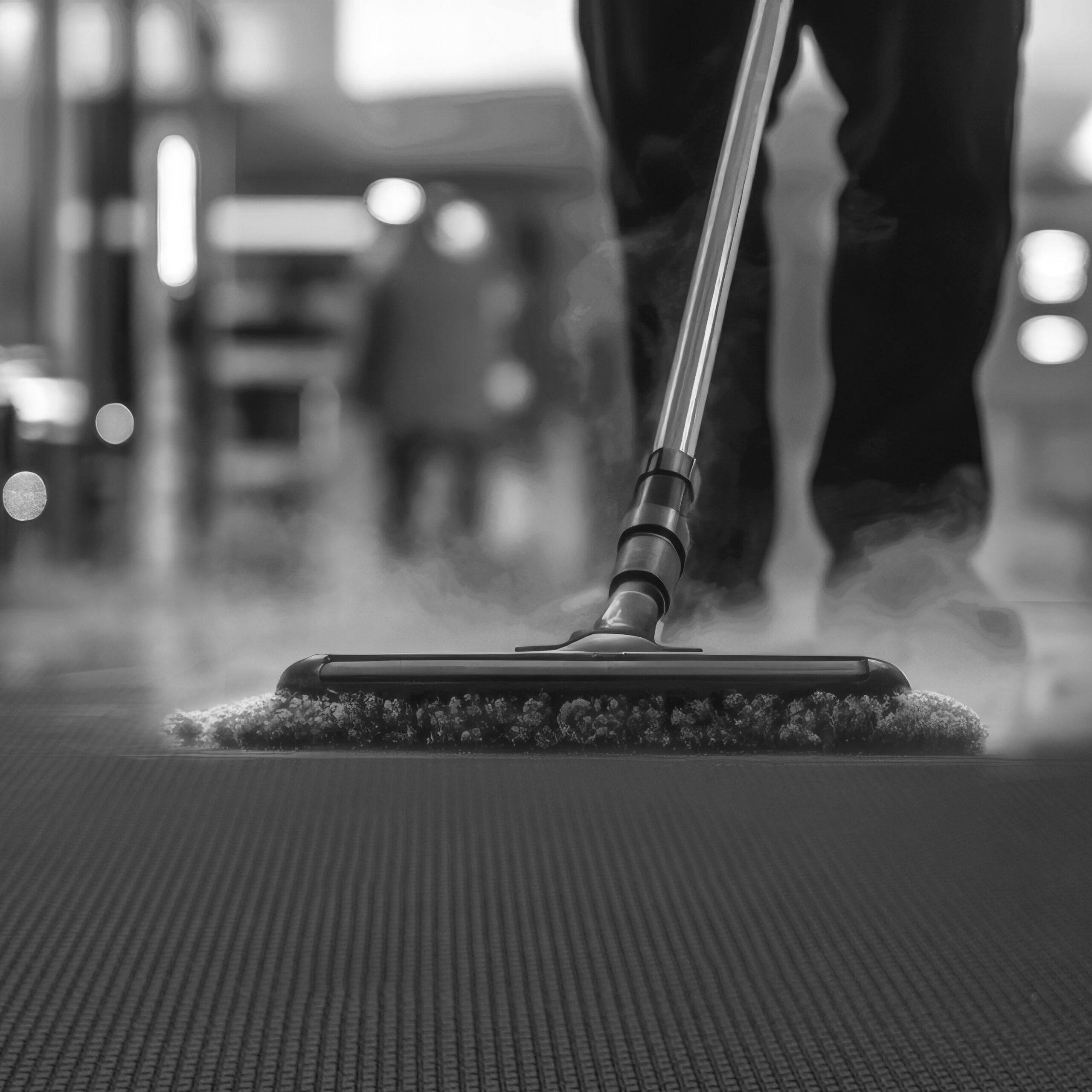 A professional cleaner using a steam mop on a shiny tile floor in a commercial space, highlighting the effectiveness of modern cleaning technology