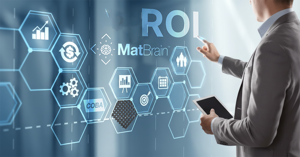 Professionnel interagissant avec un tableau de bord numérique sur le ROI, avec le logo COBA MatBrain, des icônes de performance et un visuel de tapis.