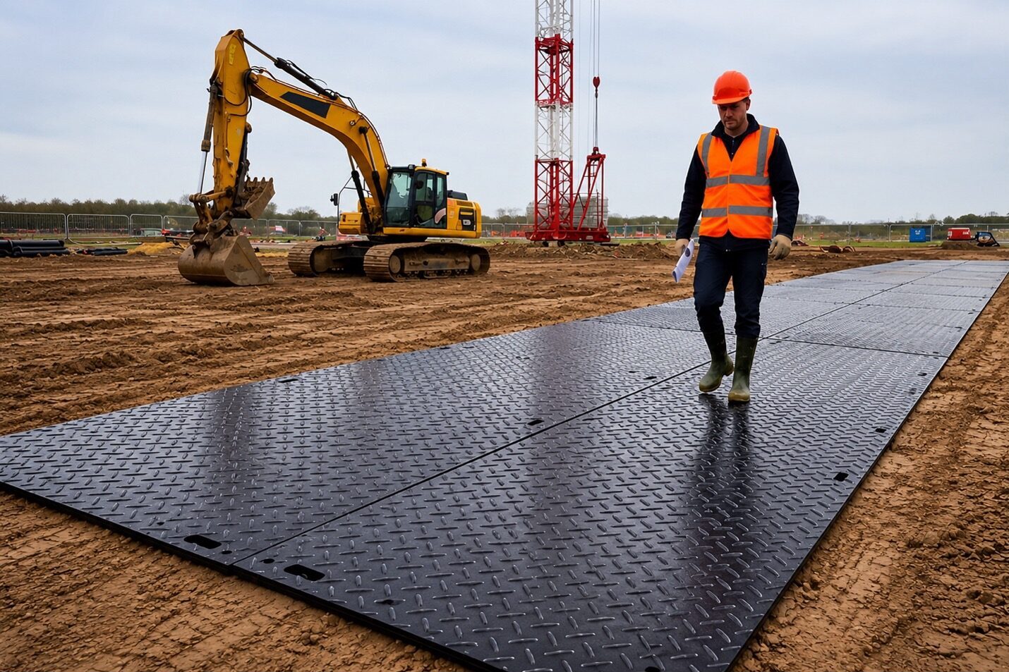 Man walking on ground protection mats