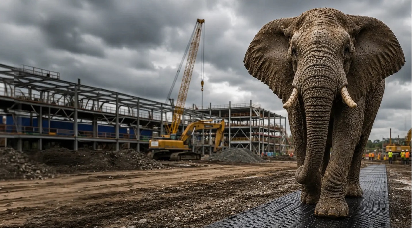 Elephant walking on a ground protection mat
