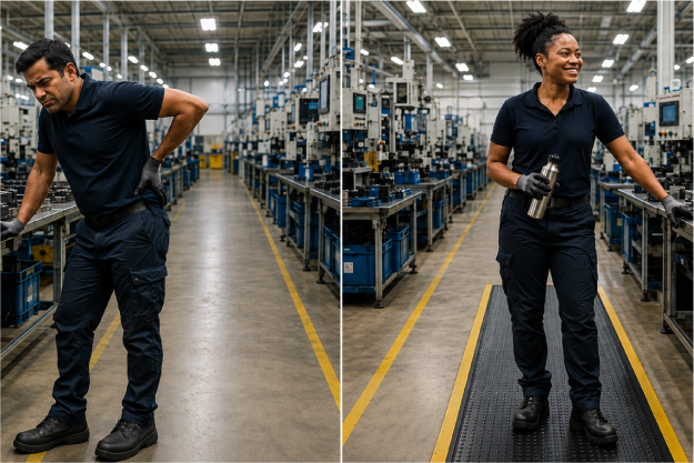 Split-screen manufacturing image comparing an operator standing on bare concrete with the same operator standing on an anti-fatigue mat, highlighting improved comfort and reduced fatigue.