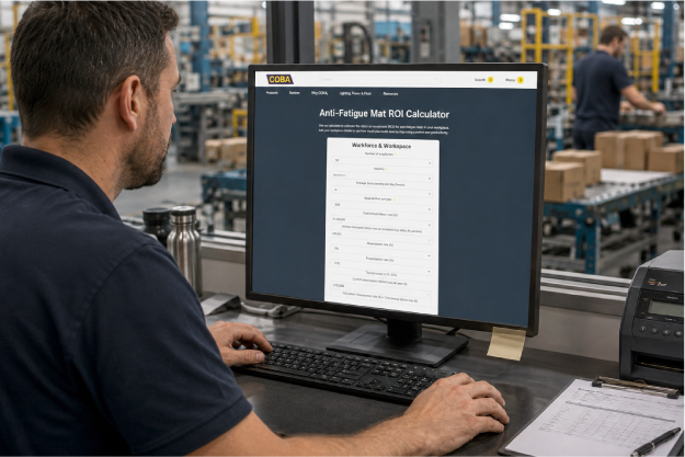 Manufacturing operator using COBA's Anti-Fatigue Mat ROI Calculator to estimate the potential return of improving standing workstations.