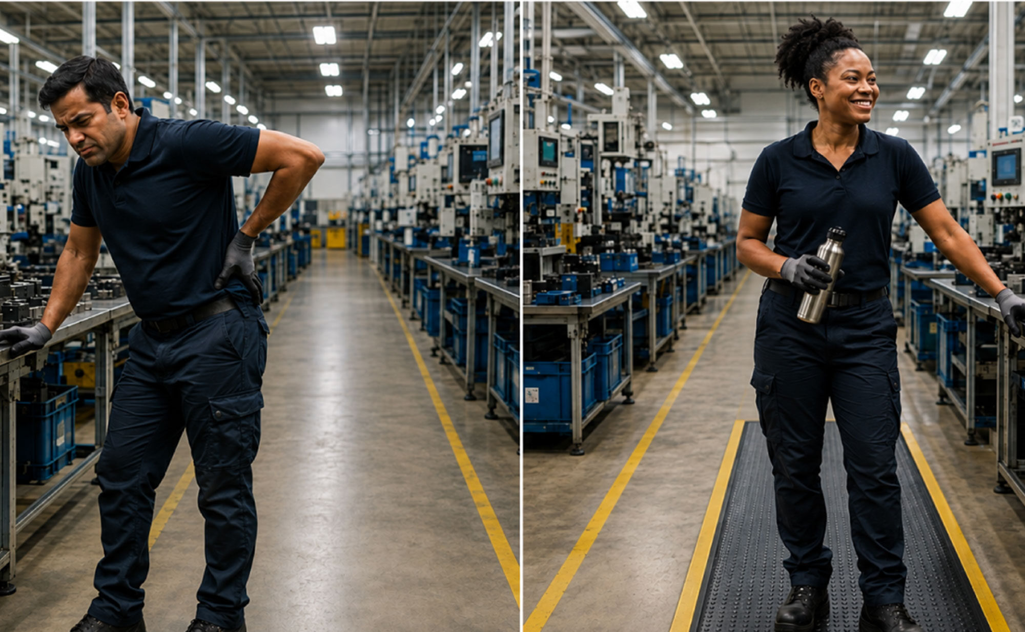Split-screen manufacturing workstation showing an operator on bare concrete and on an anti-fatigue mat during a planned maintenance shutdown.