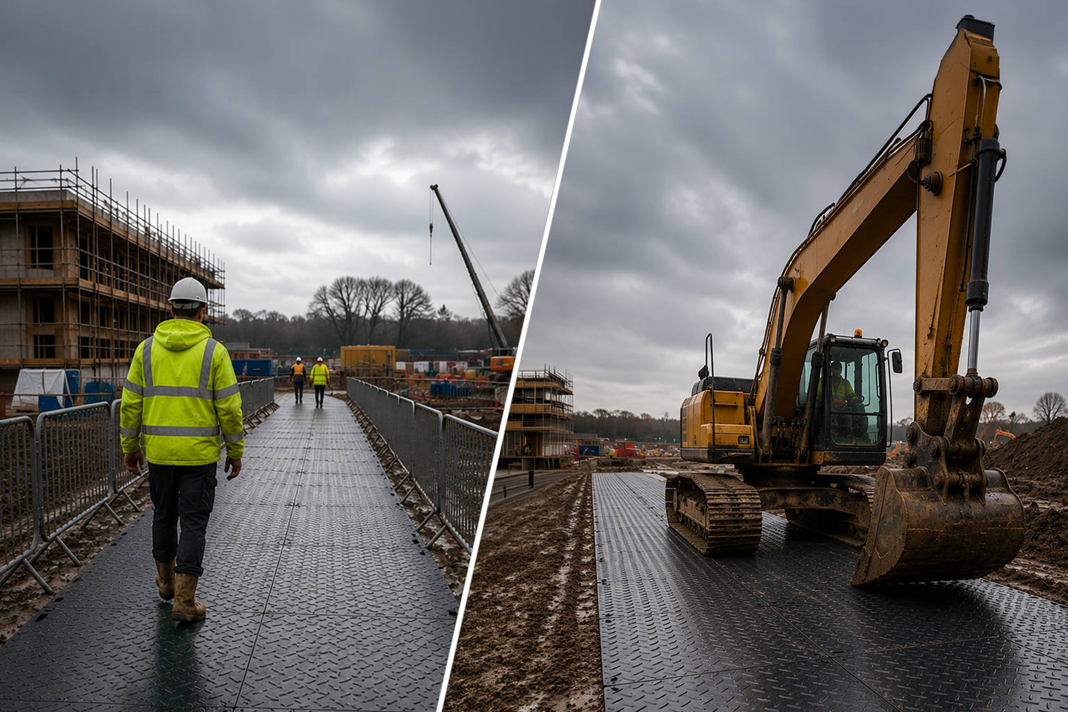 Ground protection mats supporting both pedestrian access and heavy vehicle movement.