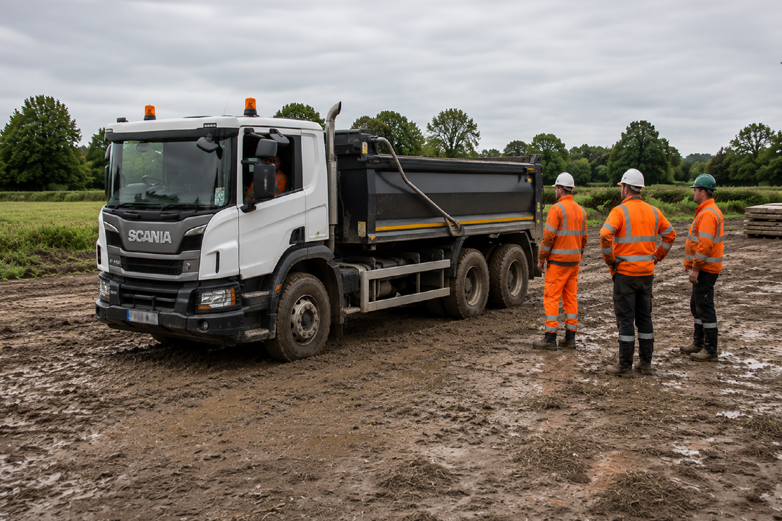 Construction vehicle struggling on soft ground due to inadequate ground protection.