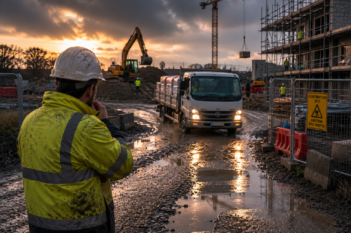 Project team assessing ground conditions and selecting ground protection mats for temporary site access.