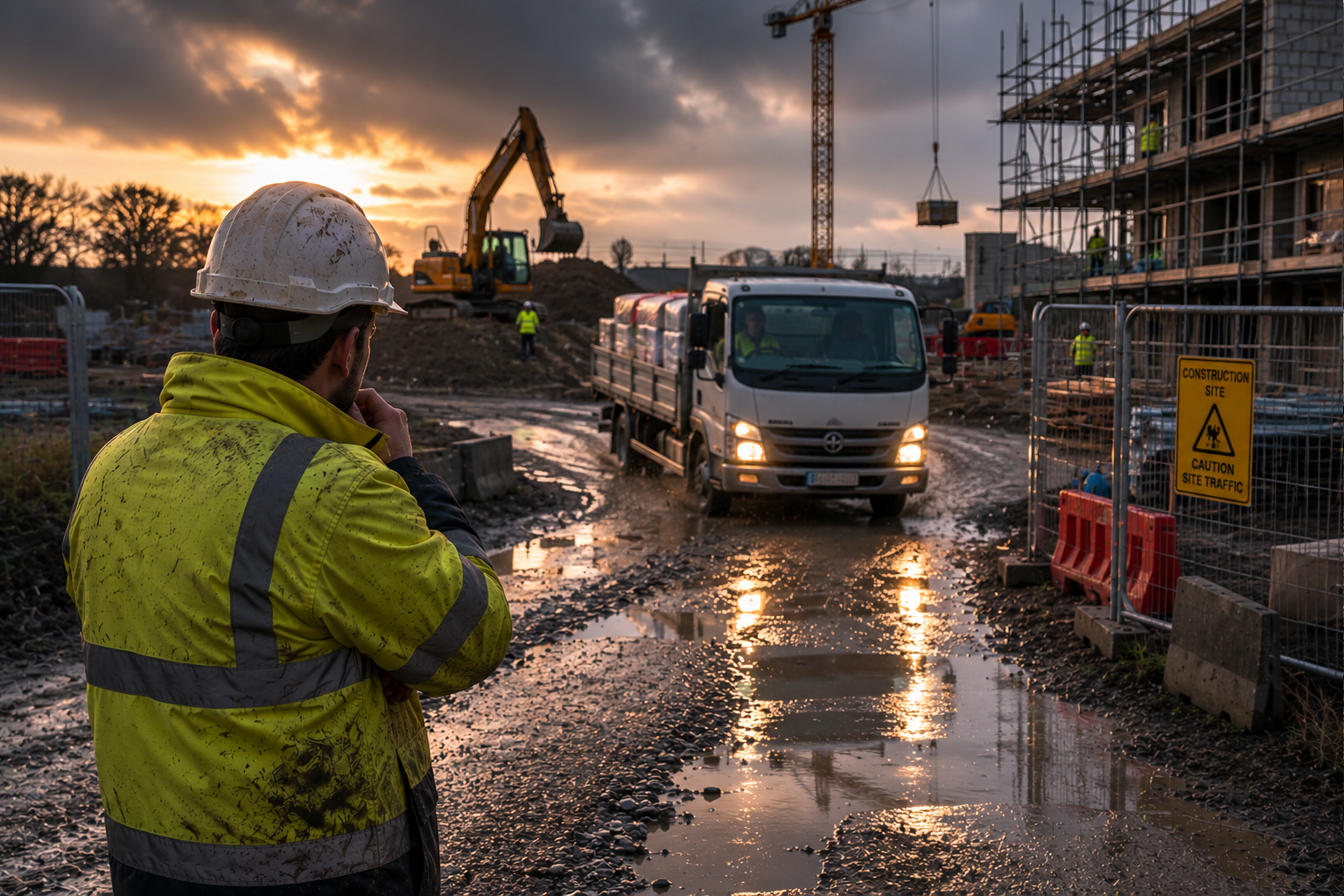 Project team assessing ground conditions and selecting ground protection mats for temporary site access.