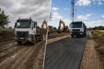 Split image showing a construction truck struggling through muddy ground beside a smoother temporary access roadway designed for heavy site vehicles.