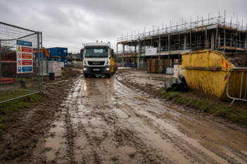 Construction site access route affected by wet weather conditions and muddy ground.