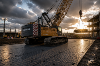 Heavy-duty ground protection mats supporting heavy machinery on a construction site.