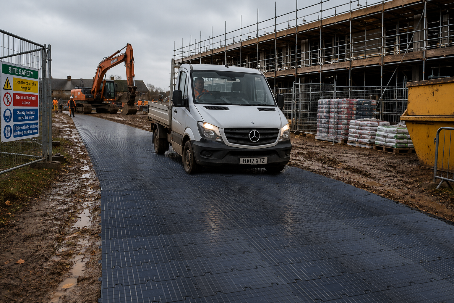 Heavy-duty access mats supporting vehicle movement during wet weather.