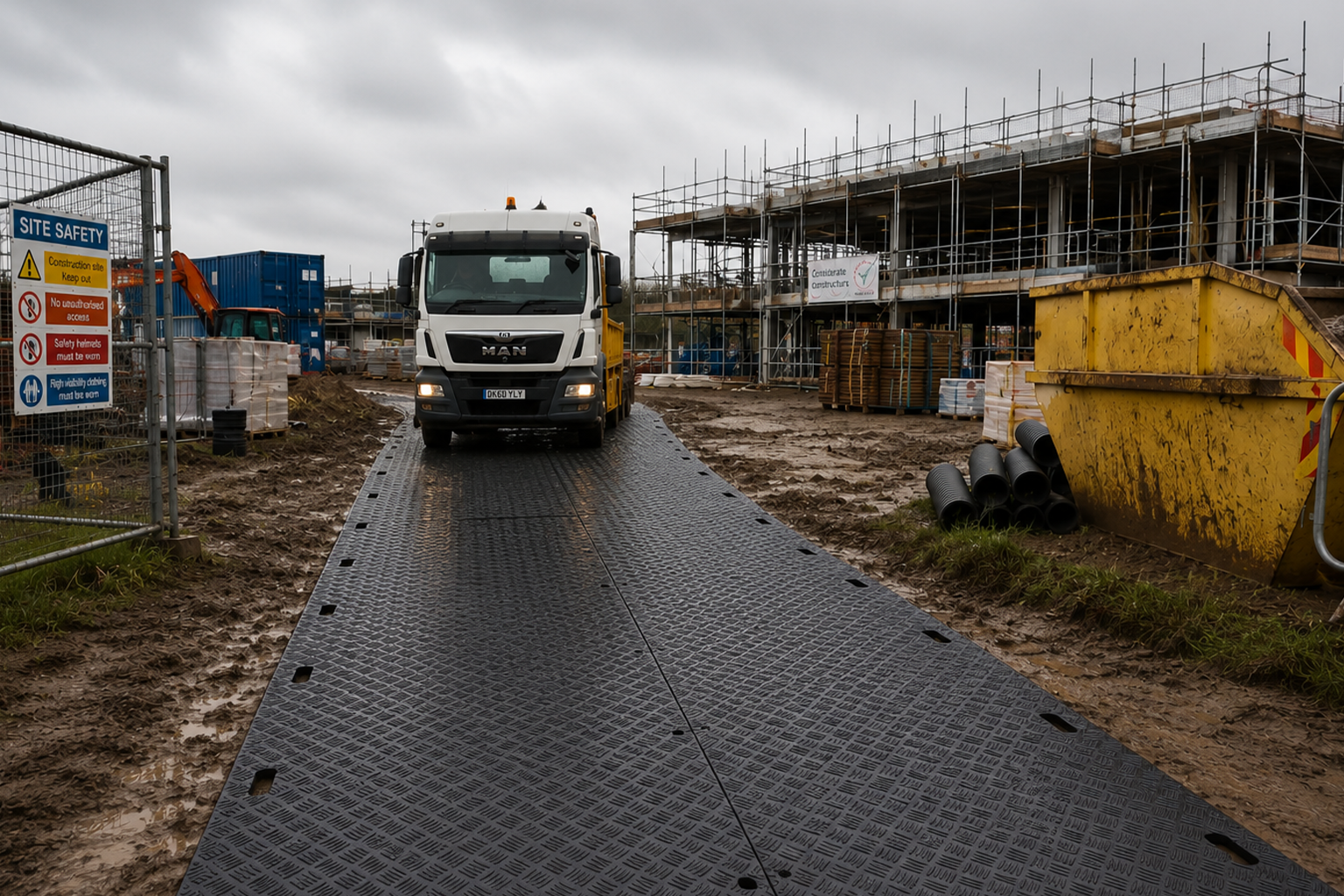 Ground protection mats creating stable vehicle access across wet ground conditions.