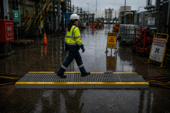 Worker safely crossing industrial cables and pipes using a Stepover crossing platform.