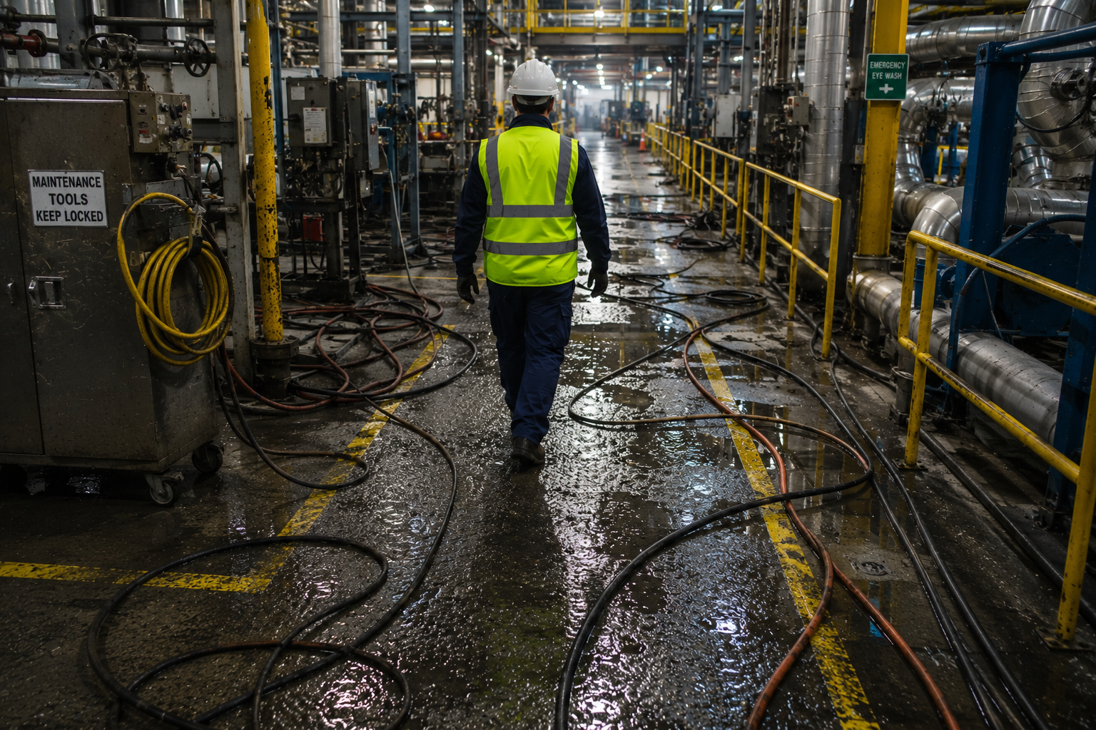 Industrial walkway containing cables and hoses that create trip risks for workers.