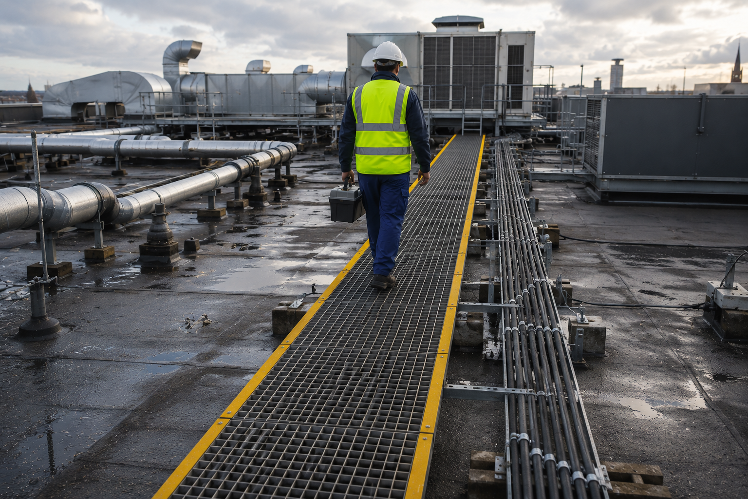 Maintenance worker safely crossing rooftop pipework on a designated access route.