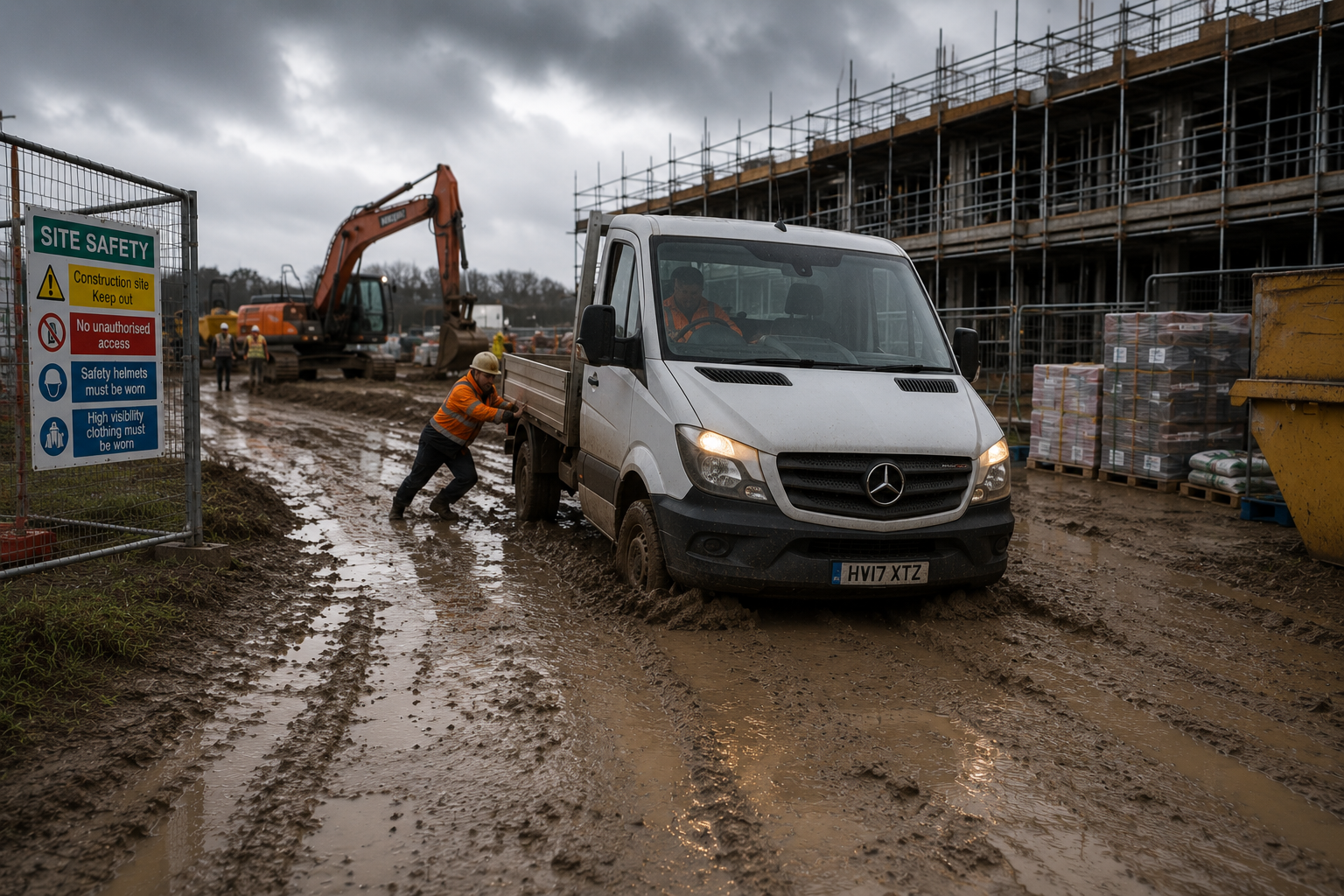 Vehicle struggling to access a muddy construction site during wet weather.
