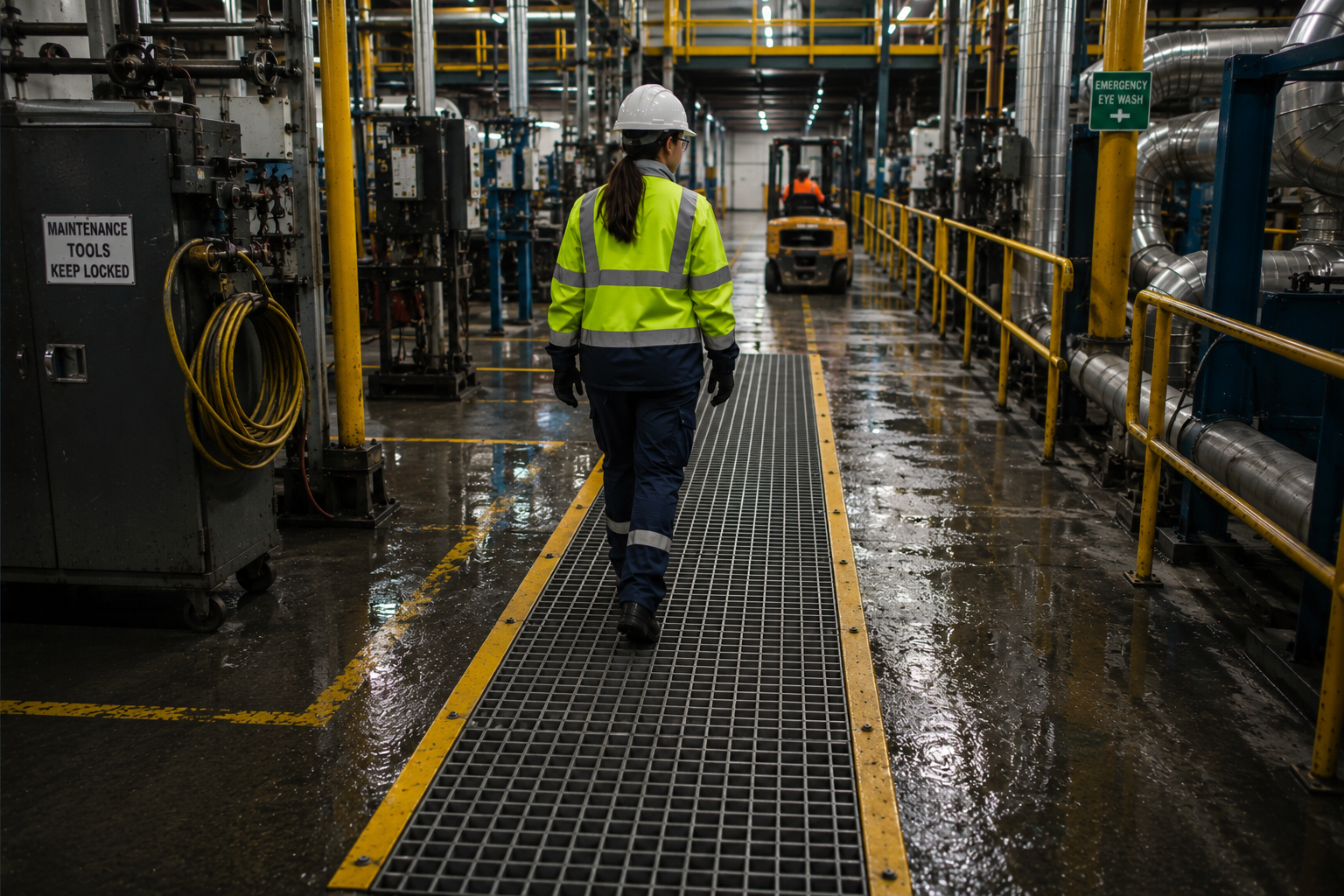 Industrial worker using a Stepover crossing platform to safely navigate workplace hazards.