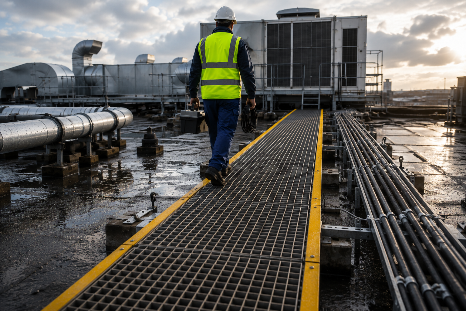 Maintenance technician using a designated rooftop access route to reach rooftop equipment.