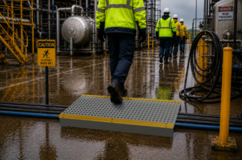 Worker safely navigating a wet industrial work area using a raised access platform.