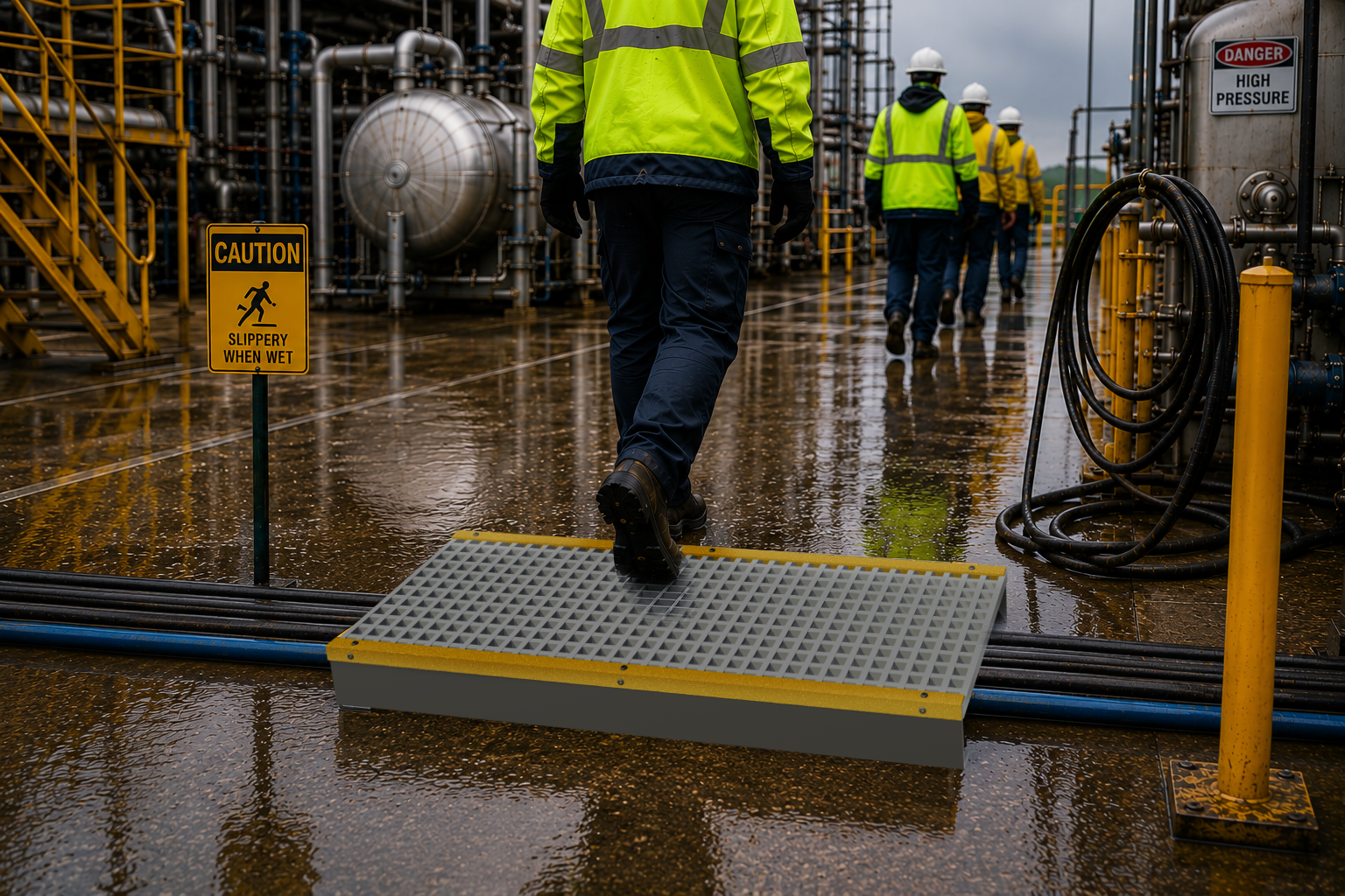 Worker safely navigating a wet industrial work area using a raised access platform.