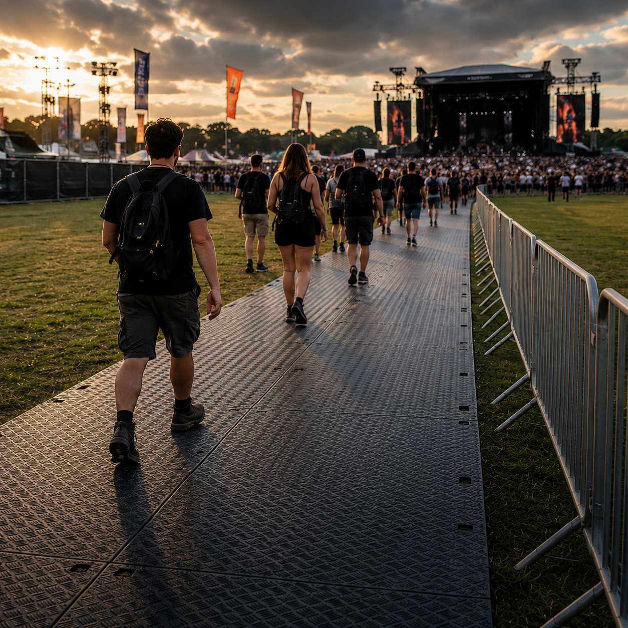 Ground protection mats supporting pedestrian access while protecting grass surfaces.