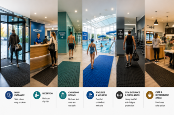 six leisure-centre areas with entrance matting: main entrance, reception, changing rooms, poolside and wellness, gym entrance, and café. Each area includes a relevant matting application for safety, slip resistance, wet environments, comfort, anti-fatigue support, or food-area use.