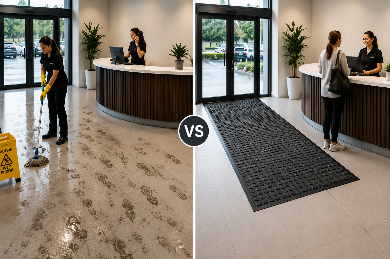 Dirty entrance floor compared with a clean entrance protected by matting.
