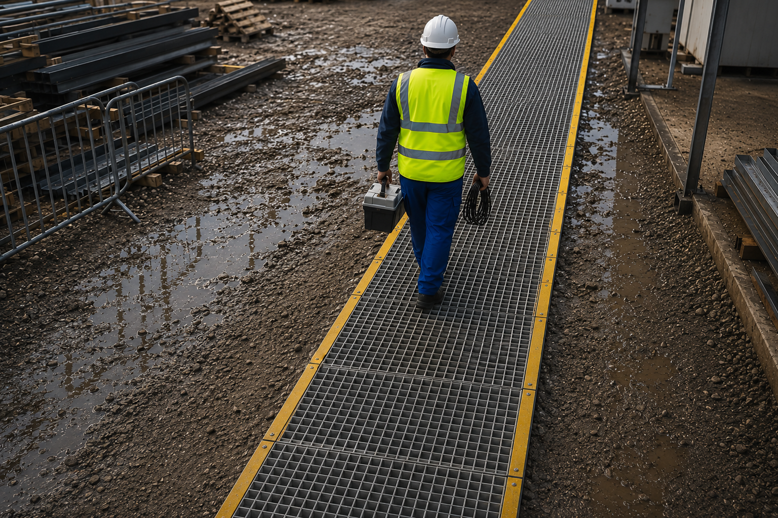 Worker safely navigating hazards on an elevated industrial walkway.