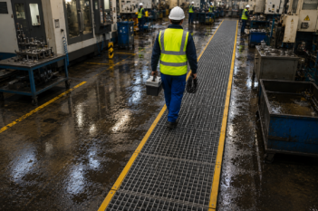 Worker safely using an elevated industrial platform and walkway system.