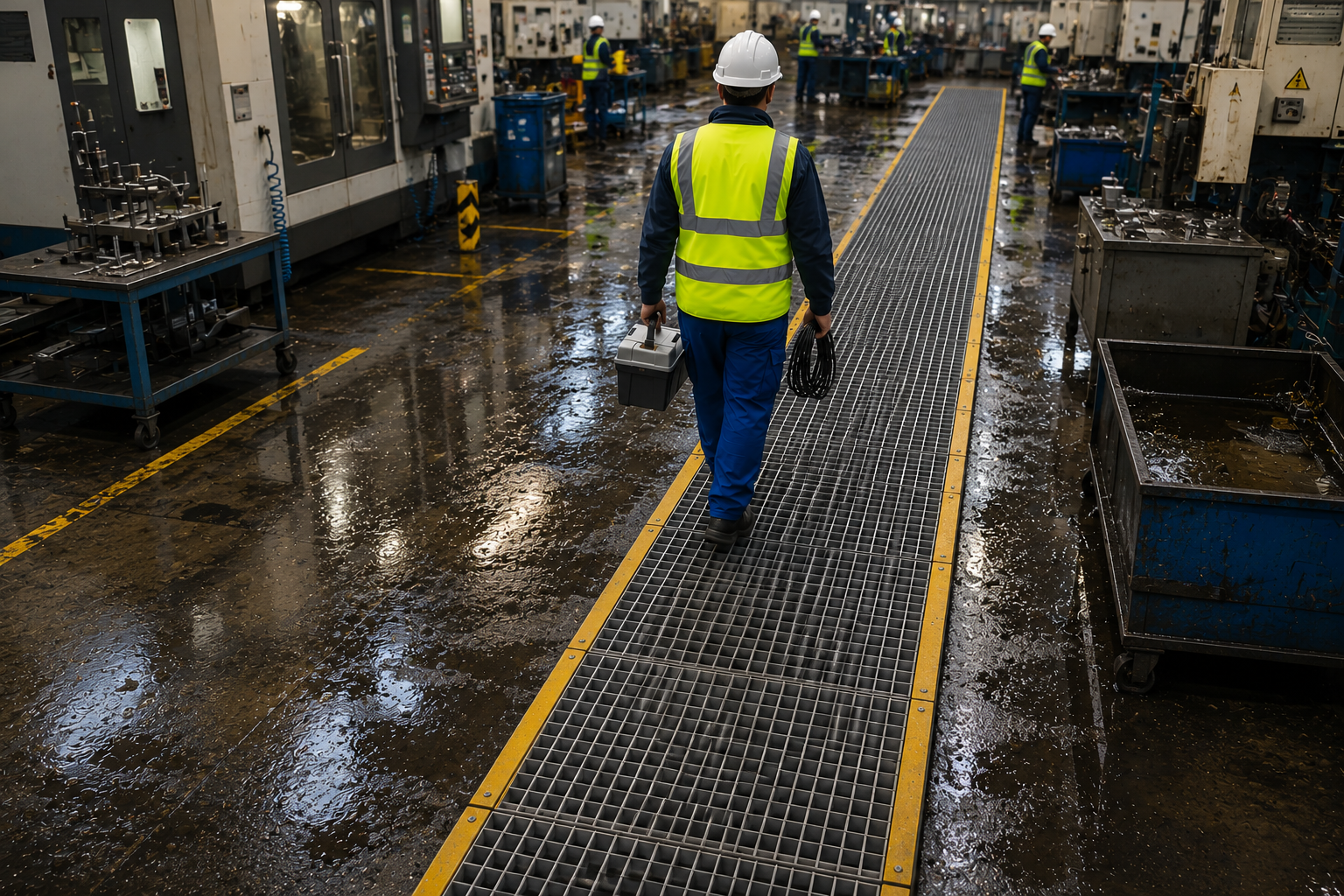 Worker safely using an elevated industrial platform and walkway system.