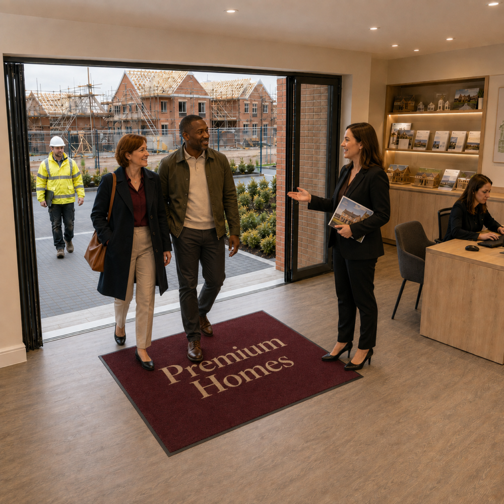 A couple enters a modern building from a construction site walking over a Logomat while a salesperson is welcoming them.