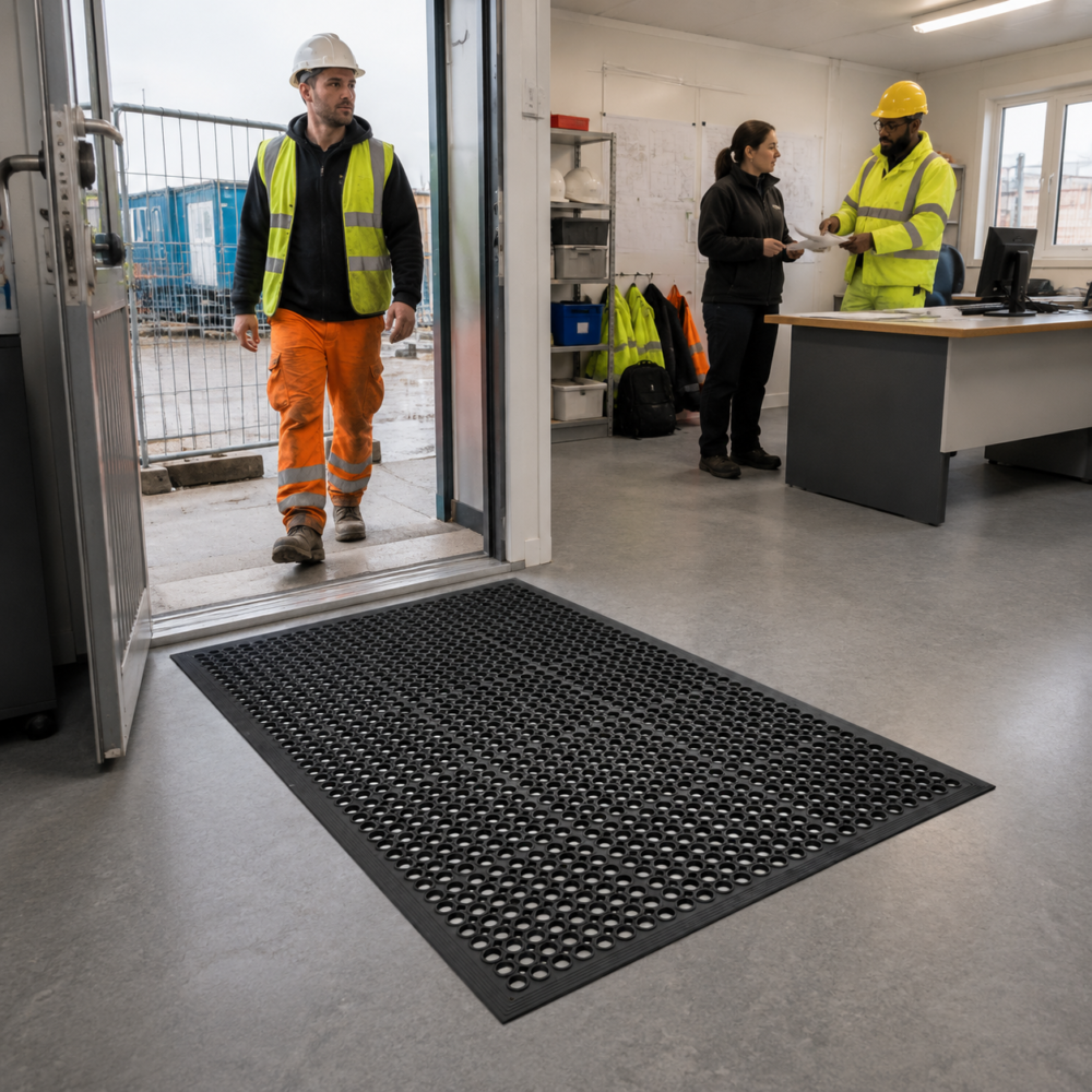 Construction worker entering an office from a construction site, walking over a Rampmat at the entrance.