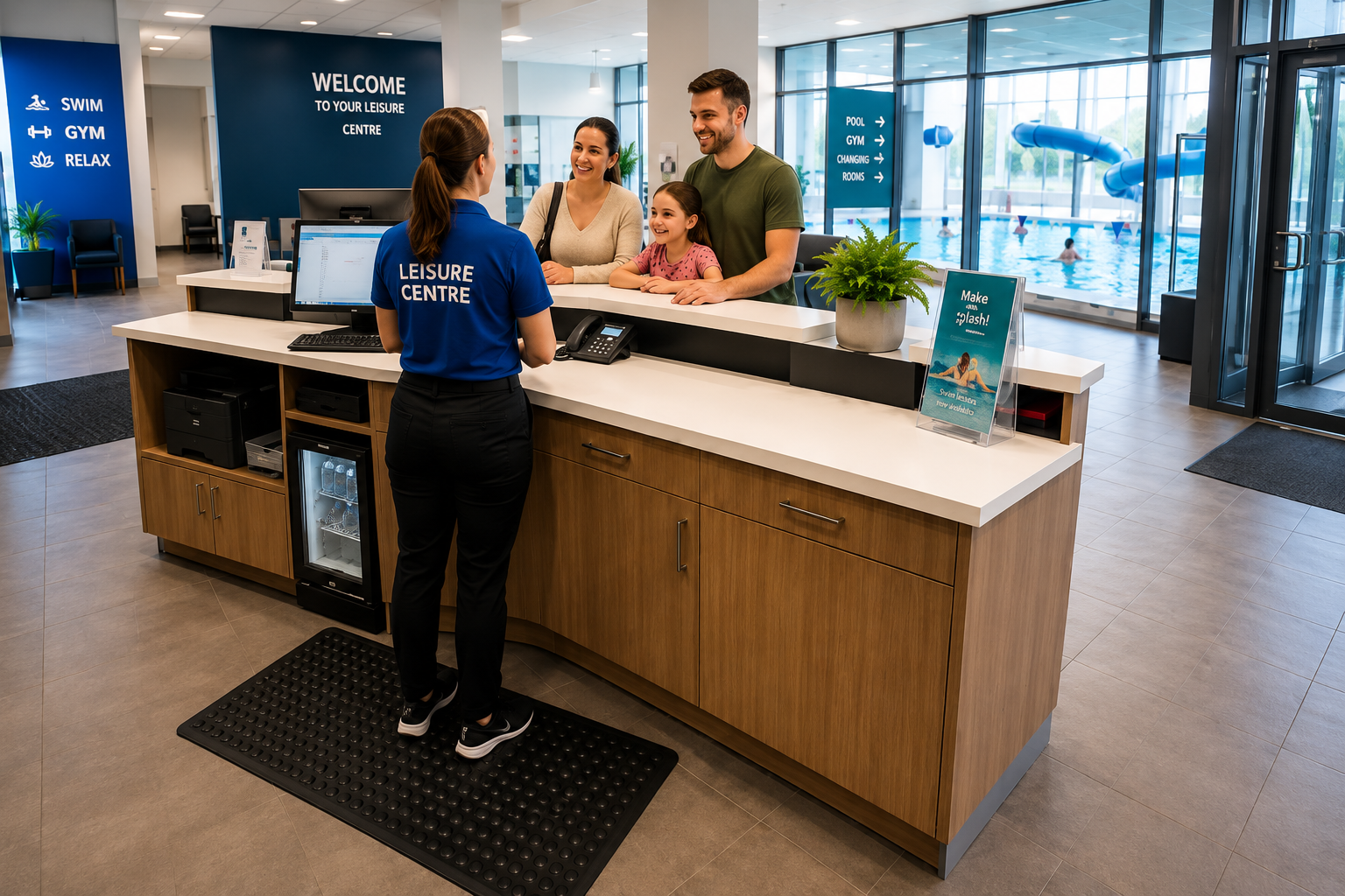 Leisure centre reception with staff assisting a family, featuring anti-fatigue matting behind the desk.