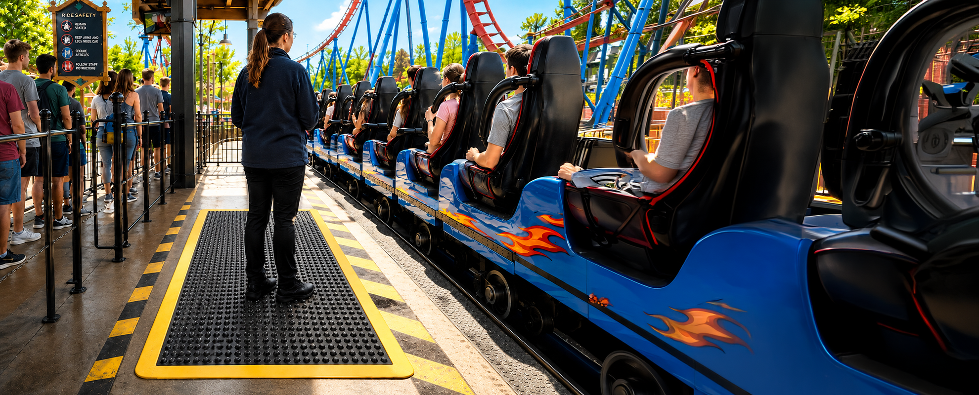 Ride operator standing on a black anti-fatigue mat beside a roller coaster as seated passengers prepare for the ride.