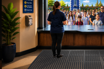 Ride operator standing on an anti fatigue mat