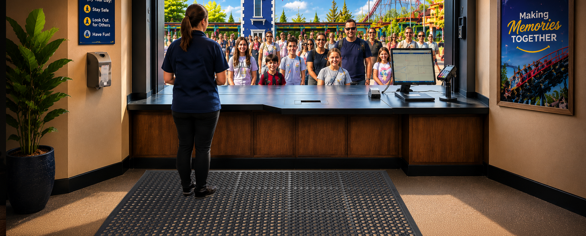 Ride operator standing on an anti fatigue mat