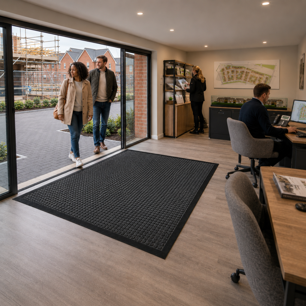 Application shot of a couple entering a building from a construction site, walking over a Superdry entrance mat.