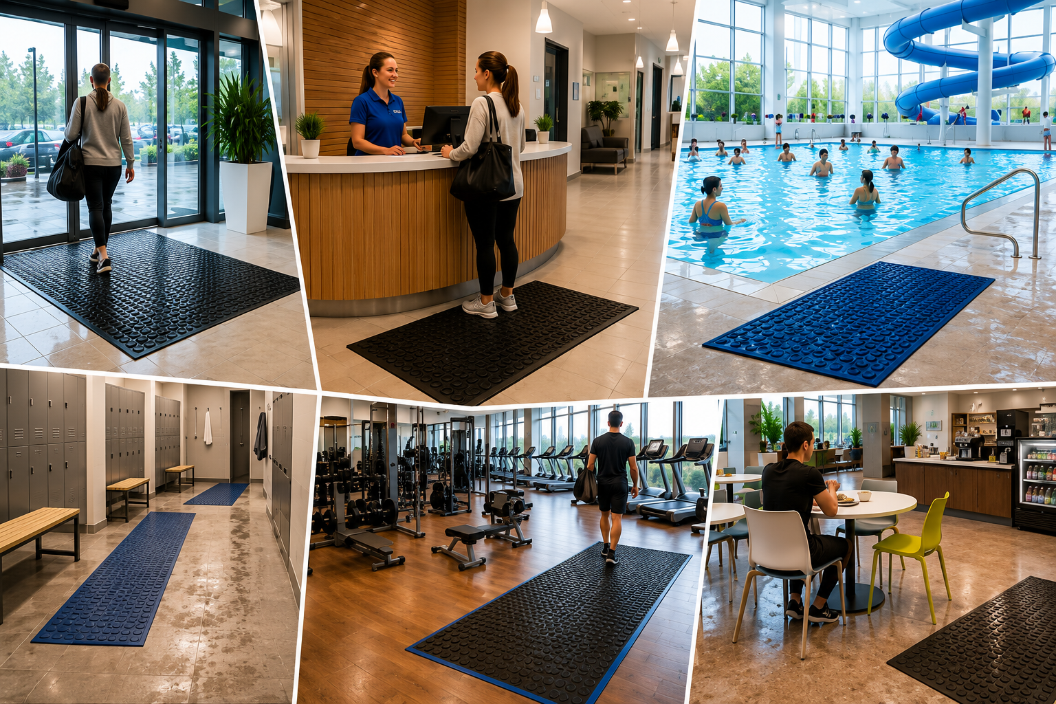 Leisure centre areas featuring safety matting at entrances, reception, poolside, changing rooms, gym and café.