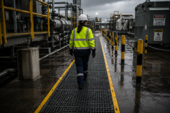 Worker using a safe outdoor access route within an industrial environment.