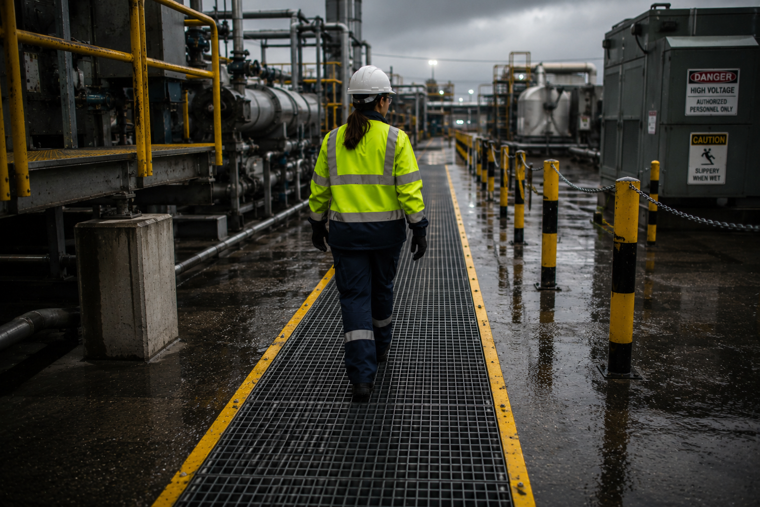 Worker using a safe outdoor access route within an industrial environment.