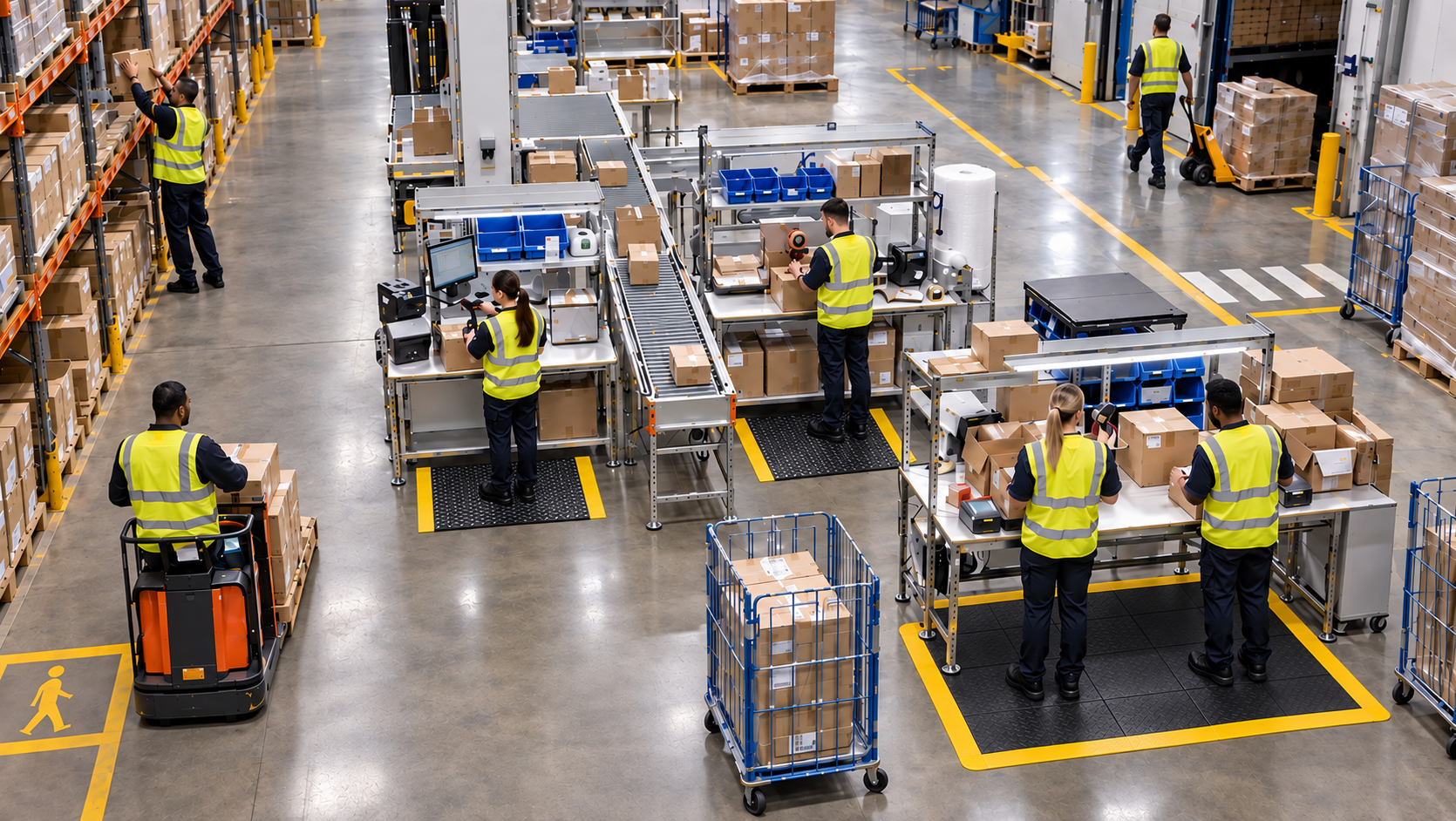 Warehouse and distribution centre showing anti-fatigue matting at picking and packing workstations.