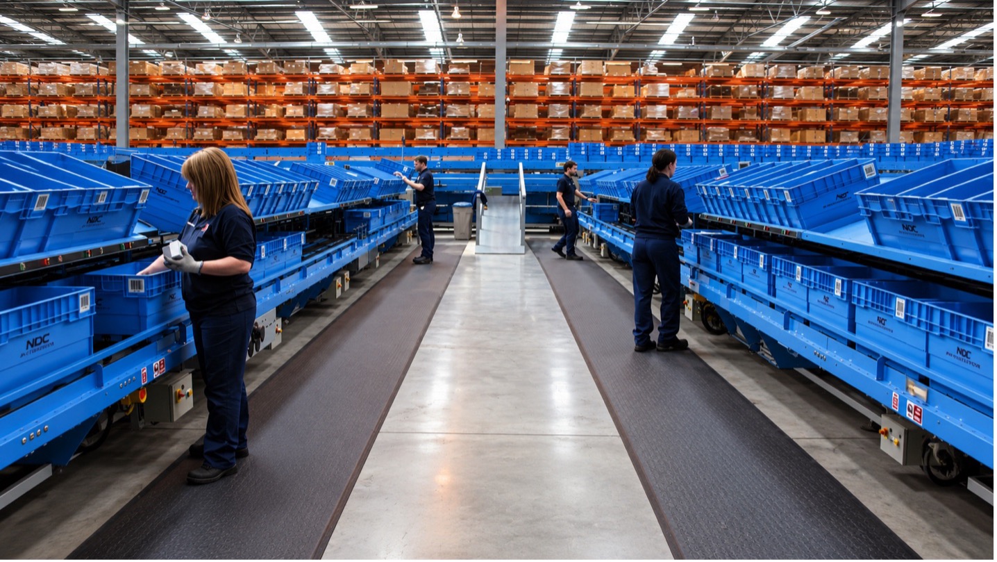 Warehouse employees working at picking stations with anti-fatigue matting underfoot.