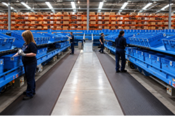 Warehouse employees working at picking stations with anti-fatigue matting underfoot.