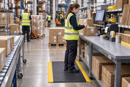 Warehouse worker standing on an anti-fatigue mat at a packing workstation.