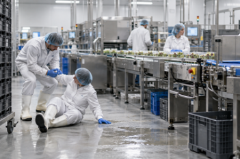 Food production worker being assisted after a slip on a wet floor beside a production line.