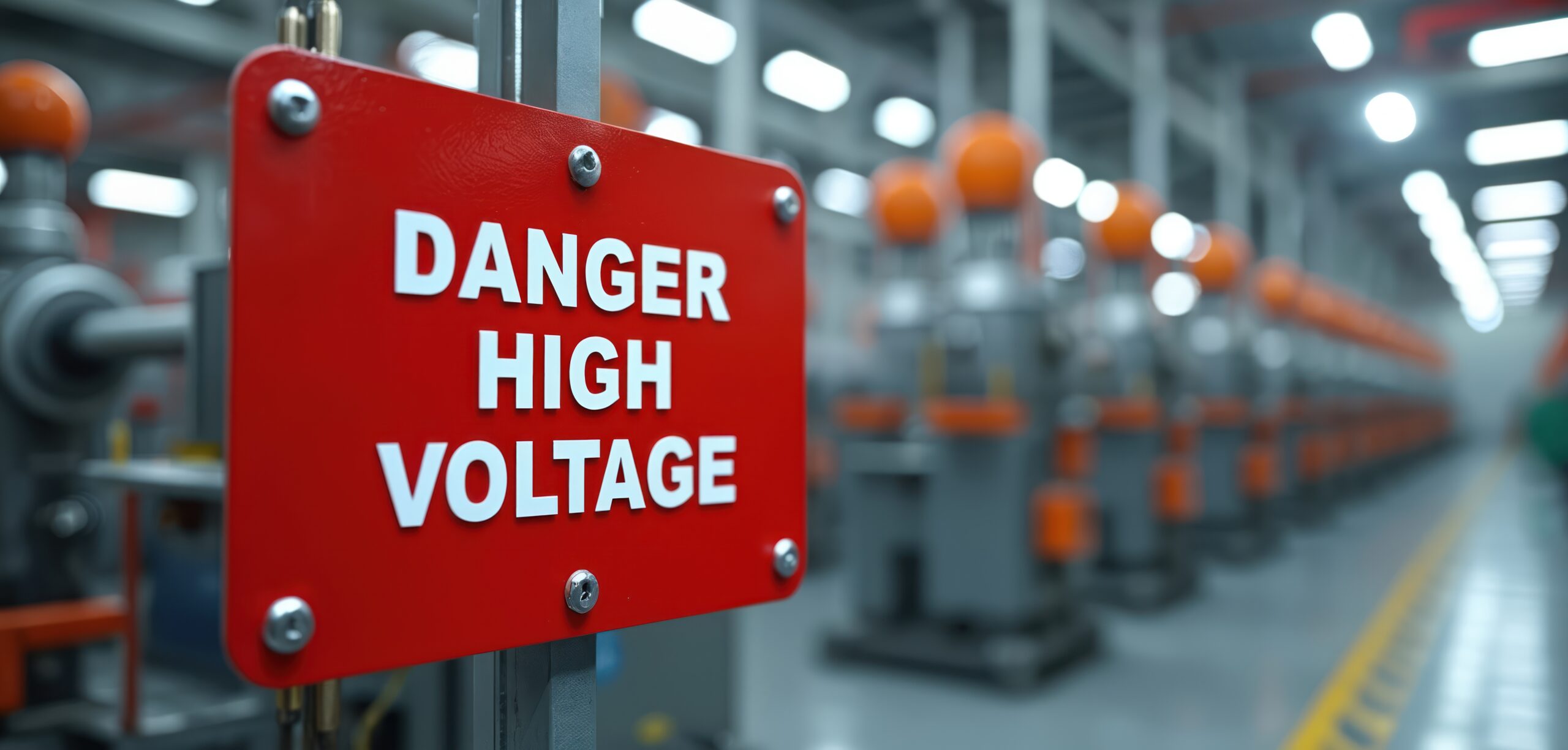 Red warning sign with Danger High Voltage text hangs in factory. Electrical safety caution notice at power plant. Alert signals risk of electric shock. Workplace hazard for workers requires