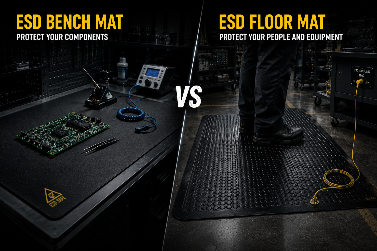 ESD bench mat vs ESD floor mat in industrial workspace