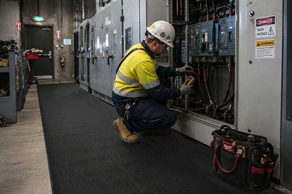 An electrician wearing PPE kneels on black electrical safety matting while testing equipment inside a high voltage switchboard room.
