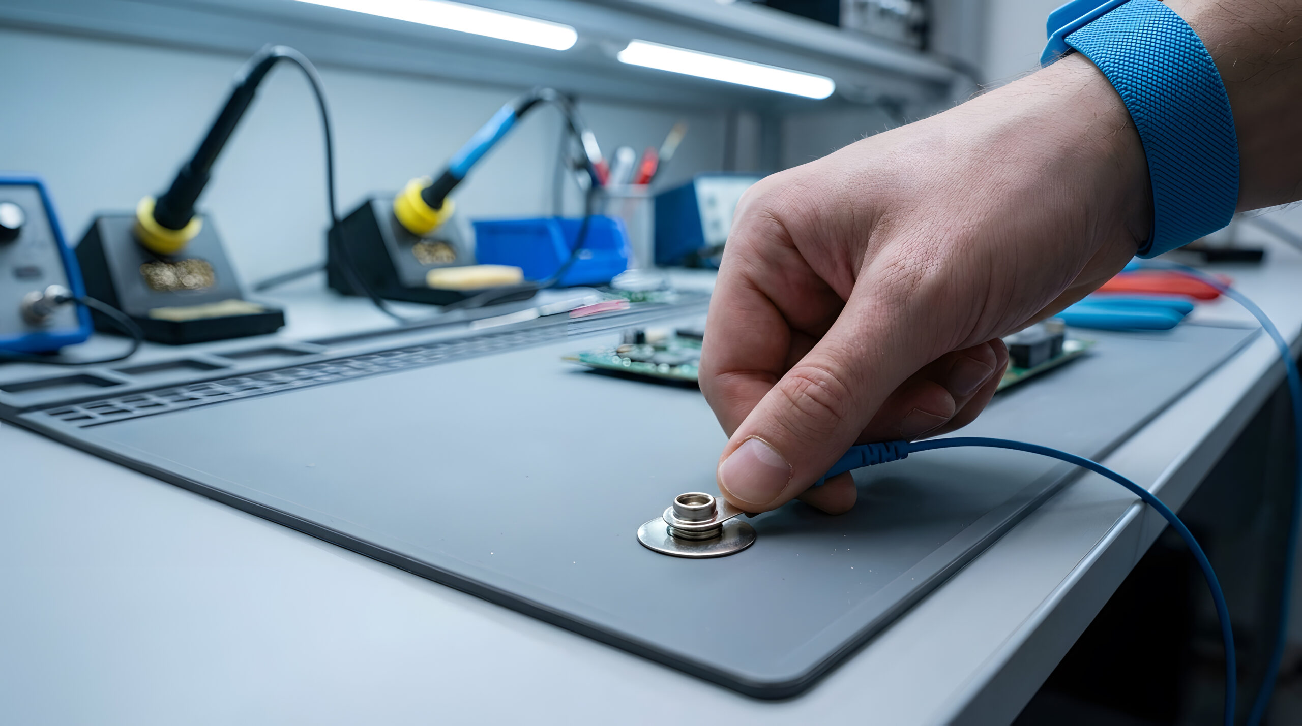 Technician wearing an ESD wrist strap works on a circuit board placed on blue ESD matting at an electronics workstation.