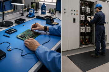 Split image comparing ESD matting at an electronics workstation with electrical insulation matting in front of a switchboard.
